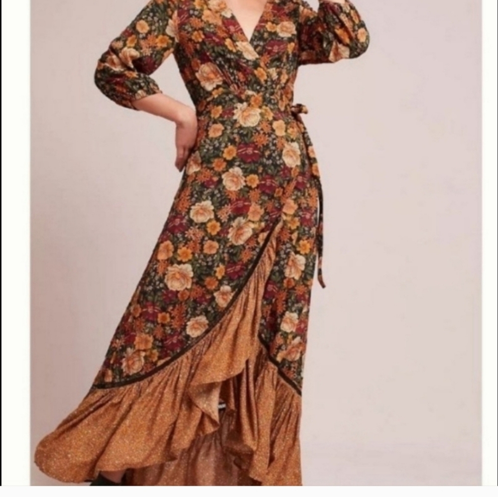 FARM Rio Madrid Floral Wrap Maxi Dress in Rust, Mustard & Olive - Picture 4 of 4